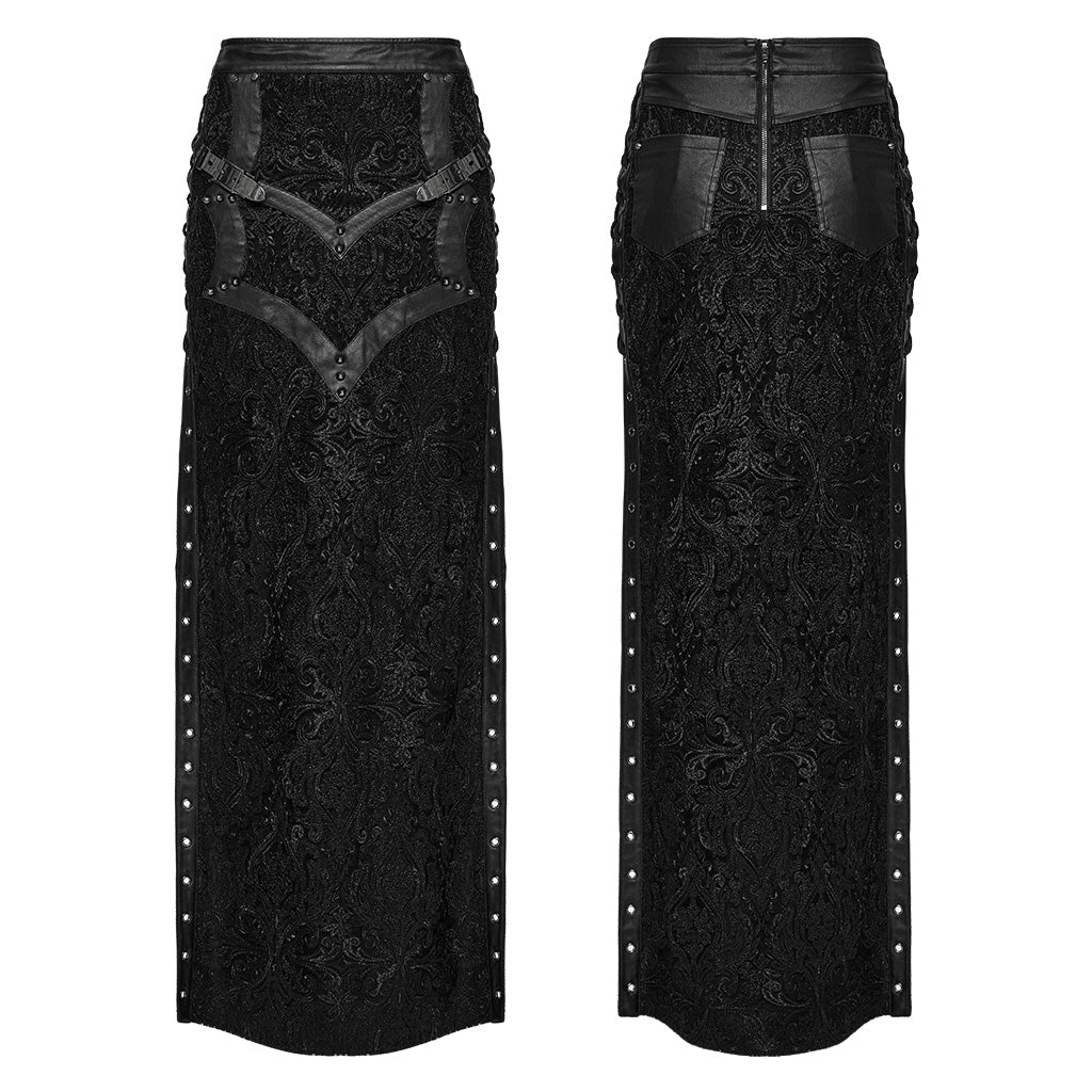 WQ-814BQF Gothic Skirt Black Lace Long Maxi Rivet Details