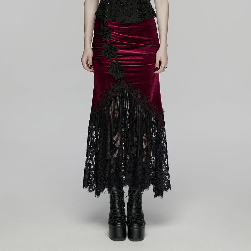 WQ-833BQF Gothic Lace Velvet Skirt with Floral Appliqu???¡ì?| Trim