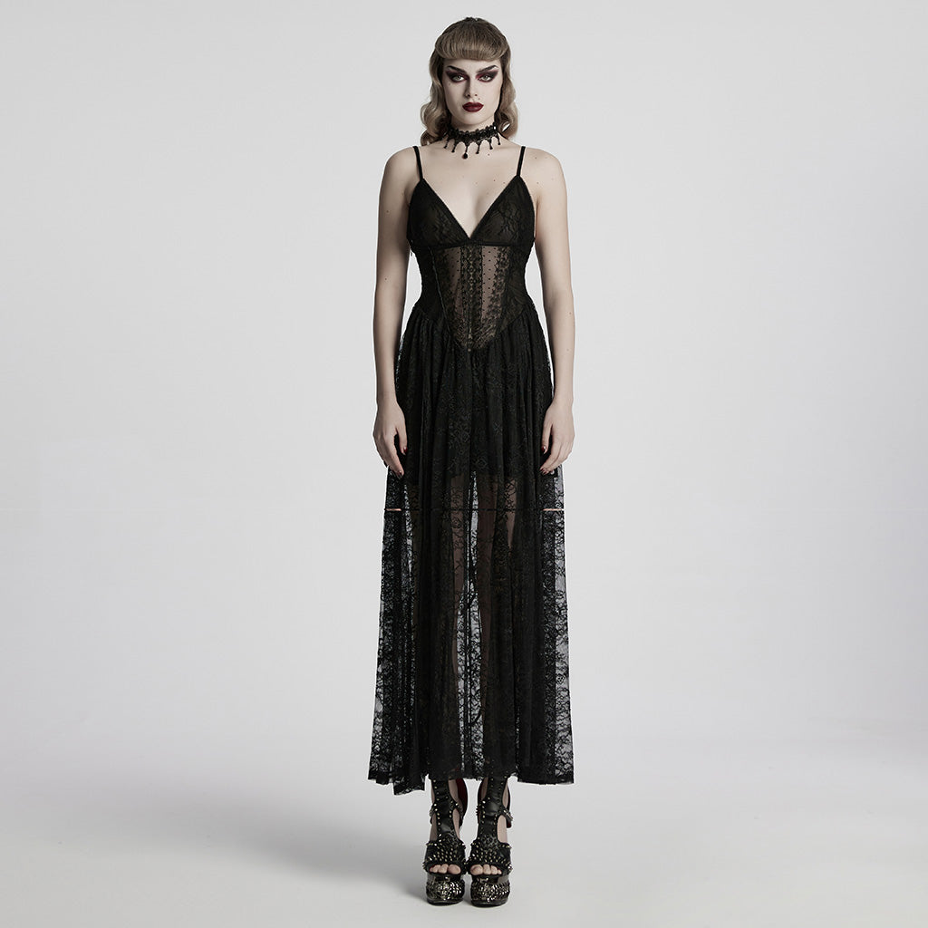 WQ-835LQF Elegant Lace Gothic Dress Spaghetti Strap Sheer Black Maxi