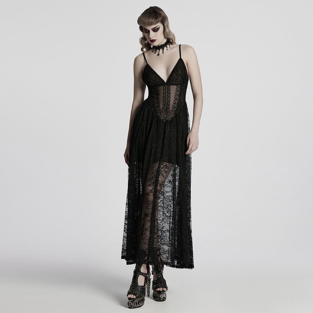 WQ-835LQF Elegant Lace Gothic Dress Spaghetti Strap Sheer Black Maxi