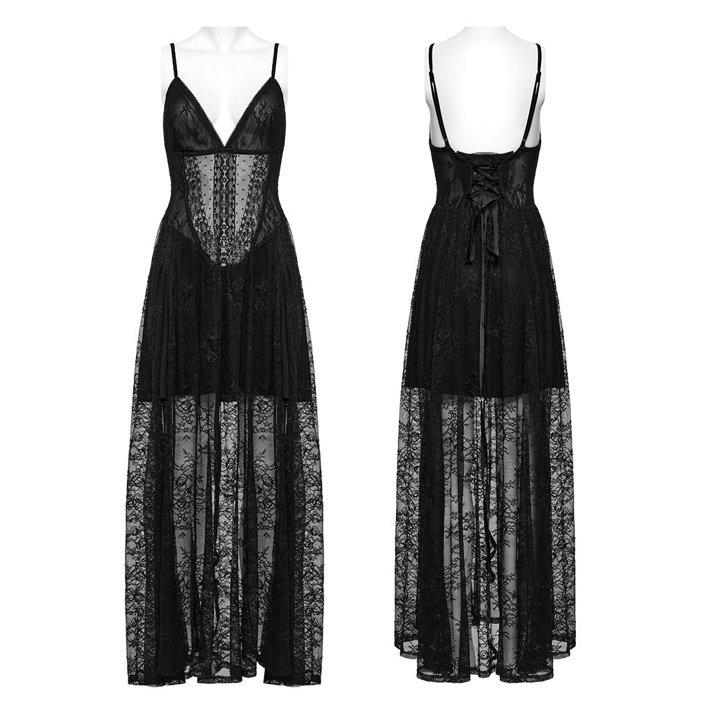 WQ-835LQF Elegant Lace Gothic Dress Spaghetti Strap Sheer Black Maxi