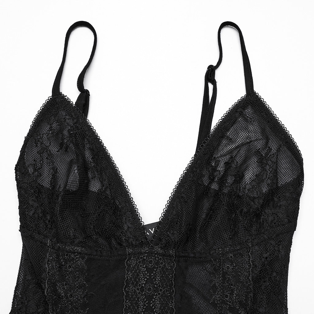 WQ-835LQF Elegant Lace Gothic Dress Spaghetti Strap Sheer Black Maxi