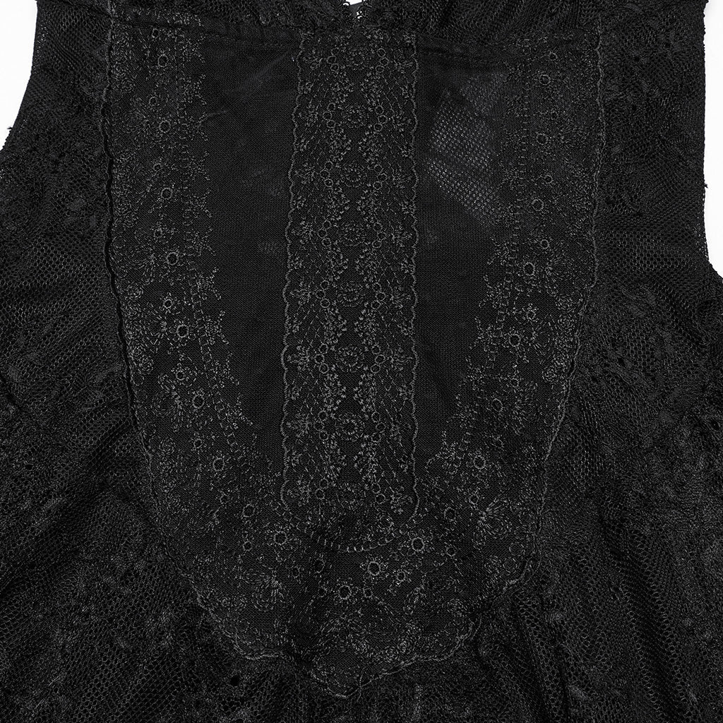 WQ-835LQF Elegant Lace Gothic Dress Spaghetti Strap Sheer Black Maxi