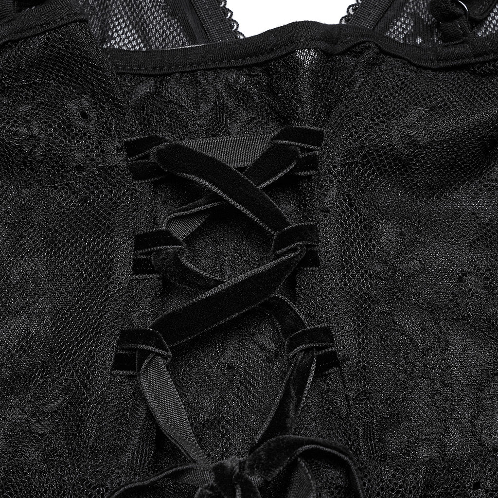 WQ-835LQF Elegant Lace Gothic Dress Spaghetti Strap Sheer Black Maxi
