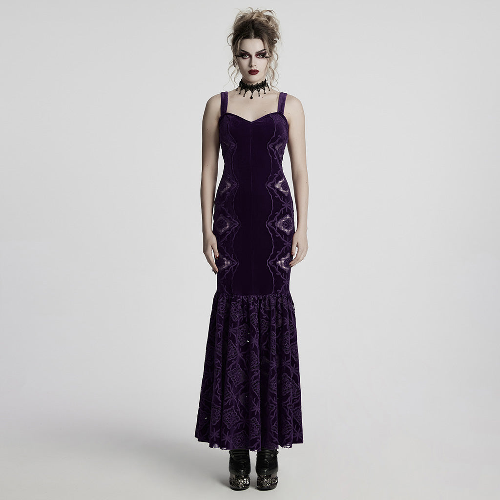 WQ-837LQF Gothic Dress Black Velvet Straps Long Lace Detail