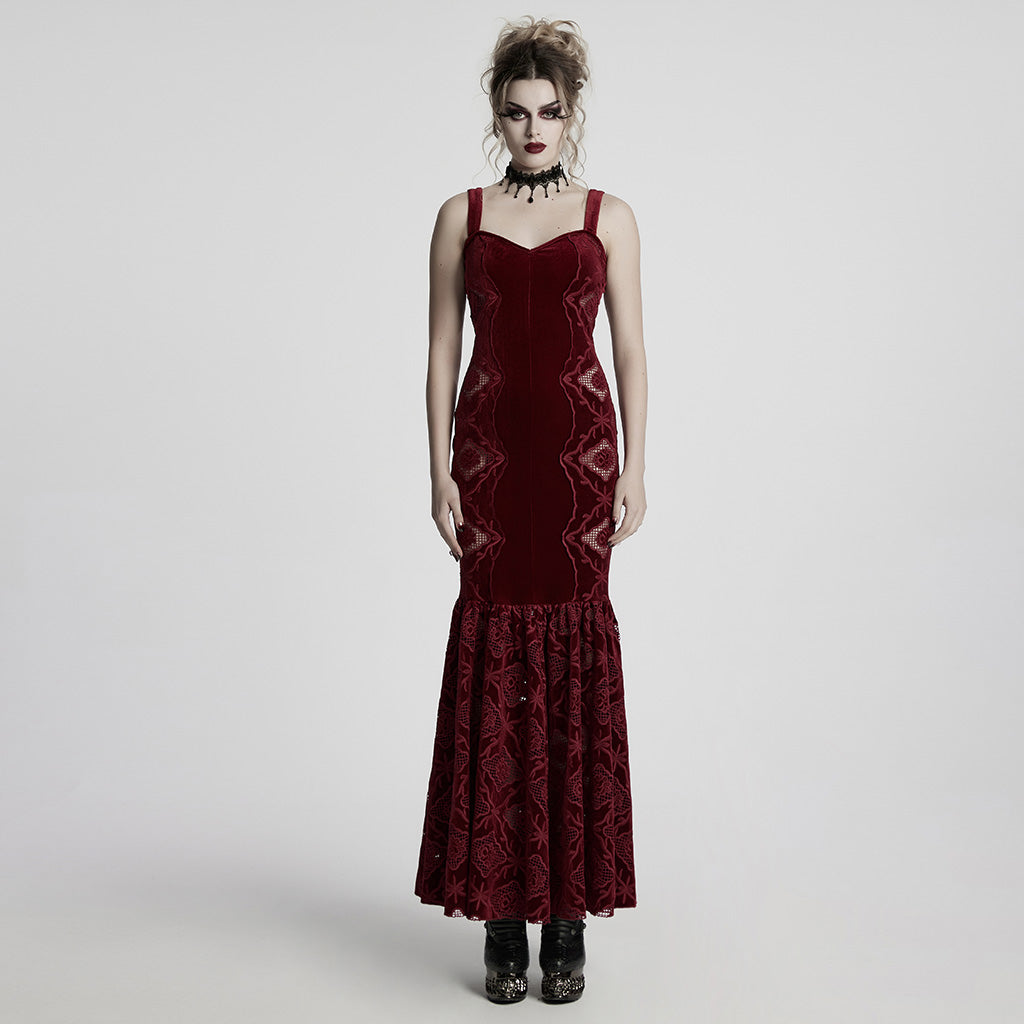 WQ-837LQF Gothic Dress Black Velvet Straps Long Lace Detail