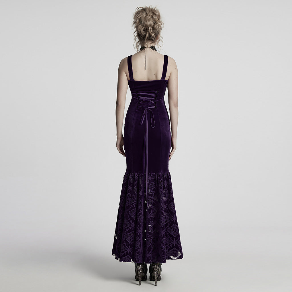 WQ-837LQF Gothic Dress Black Velvet Straps Long Lace Detail