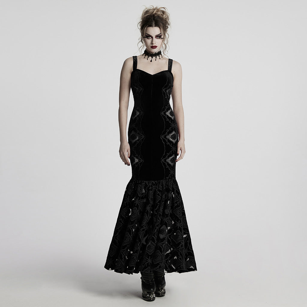 WQ-837LQF Gothic Dress Black Velvet Straps Long Lace Detail