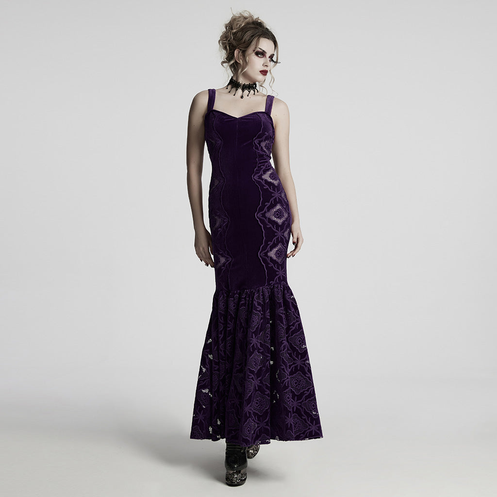WQ-837LQF Gothic Dress Black Velvet Straps Long Lace Detail