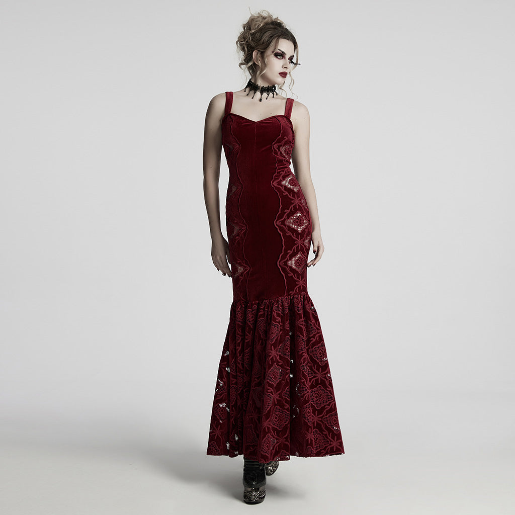 WQ-837LQF Gothic Dress Black Velvet Straps Long Lace Detail