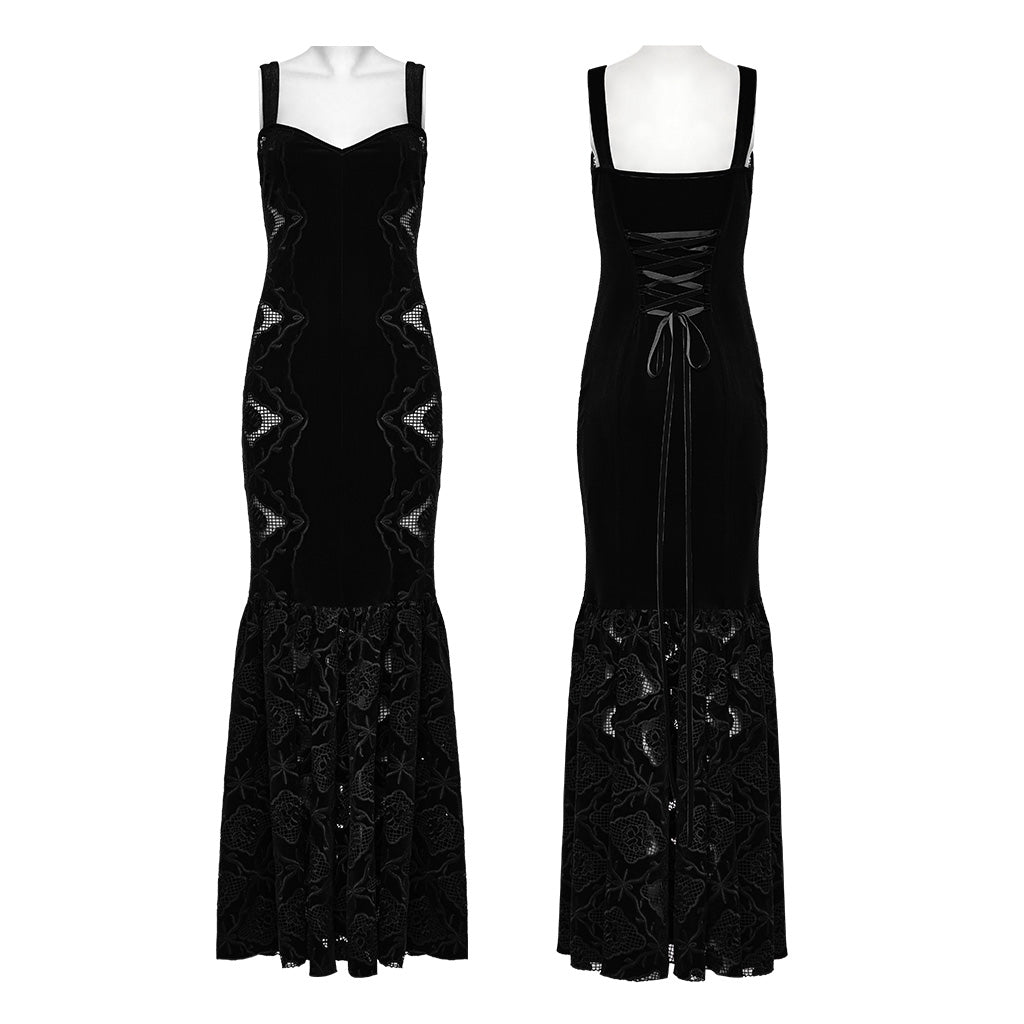 WQ-837LQF Gothic Dress Black Velvet Straps Long Lace Detail
