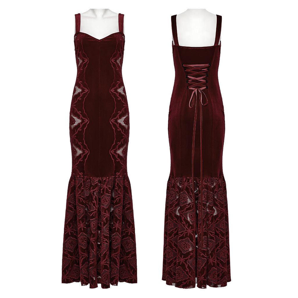 WQ-837LQF Gothic Dress Black Velvet Straps Long Lace Detail