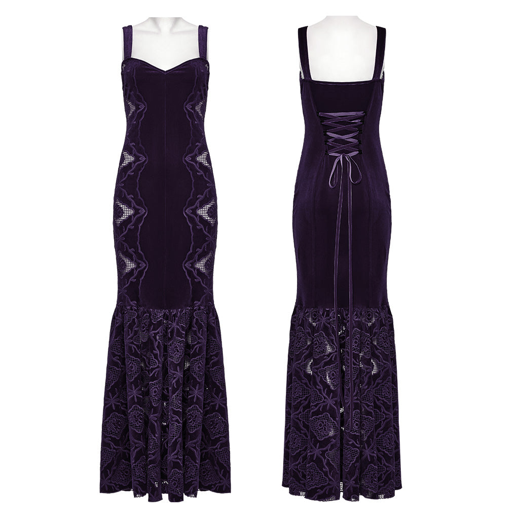 WQ-837LQF Gothic Dress Black Velvet Straps Long Lace Detail
