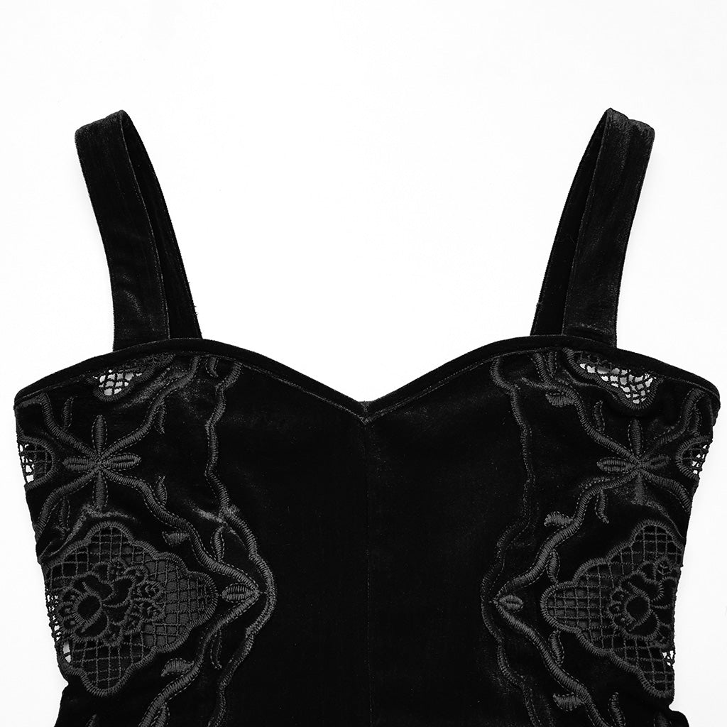 WQ-837LQF Gothic Dress Black Velvet Straps Long Lace Detail