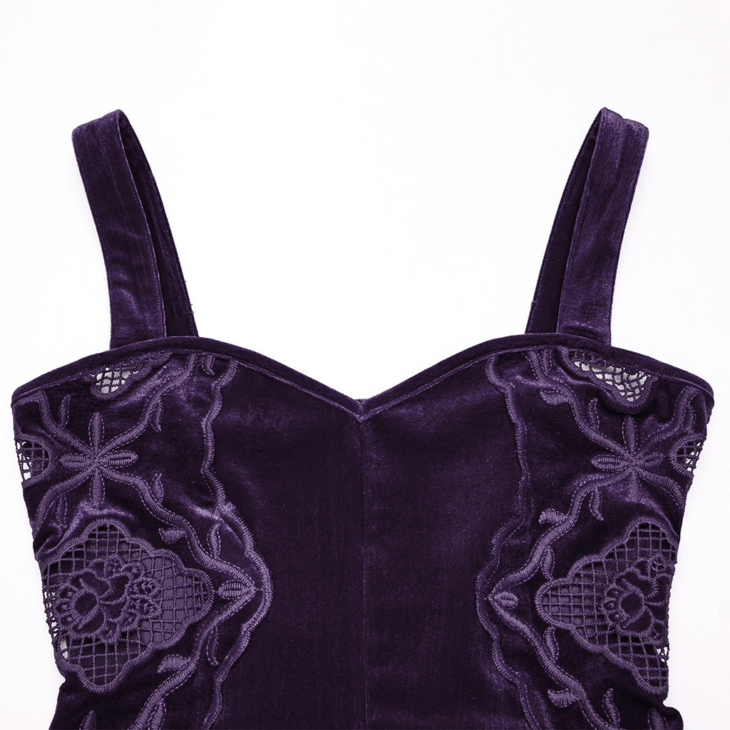 WQ-837LQF Gothic Dress Black Velvet Straps Long Lace Detail