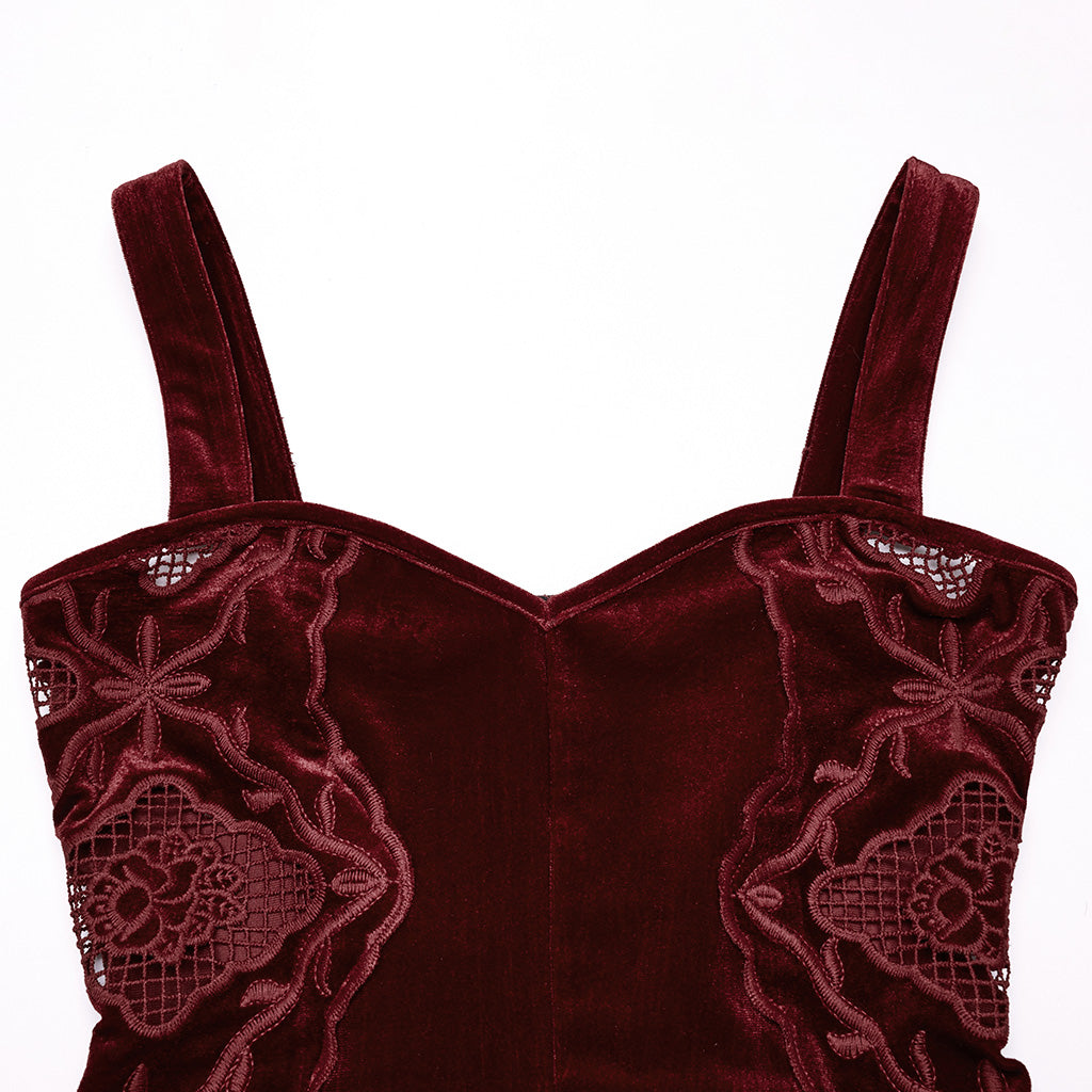 WQ-837LQF Gothic Dress Black Velvet Straps Long Lace Detail