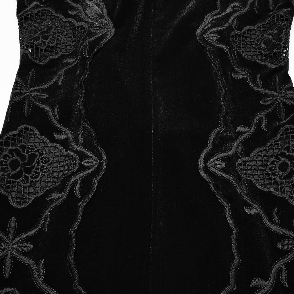 WQ-837LQF Gothic Dress Black Velvet Straps Long Lace Detail