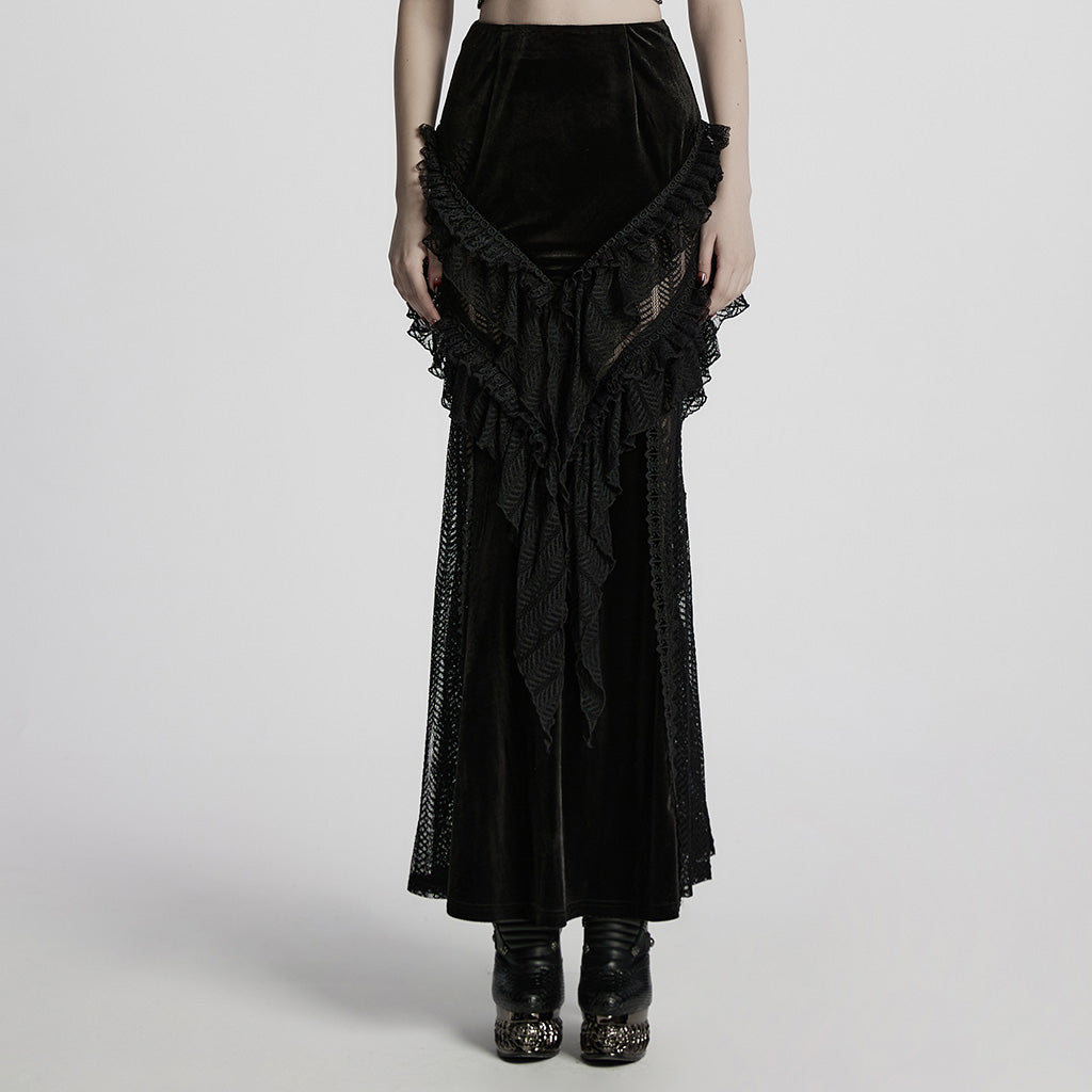 WQ-841BQF Velvet Gothic Skirt with Lace Ruffle Detail Floor Length