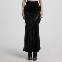 WQ-841BQF Velvet Gothic Skirt with Lace Ruffle Detail Floor Length