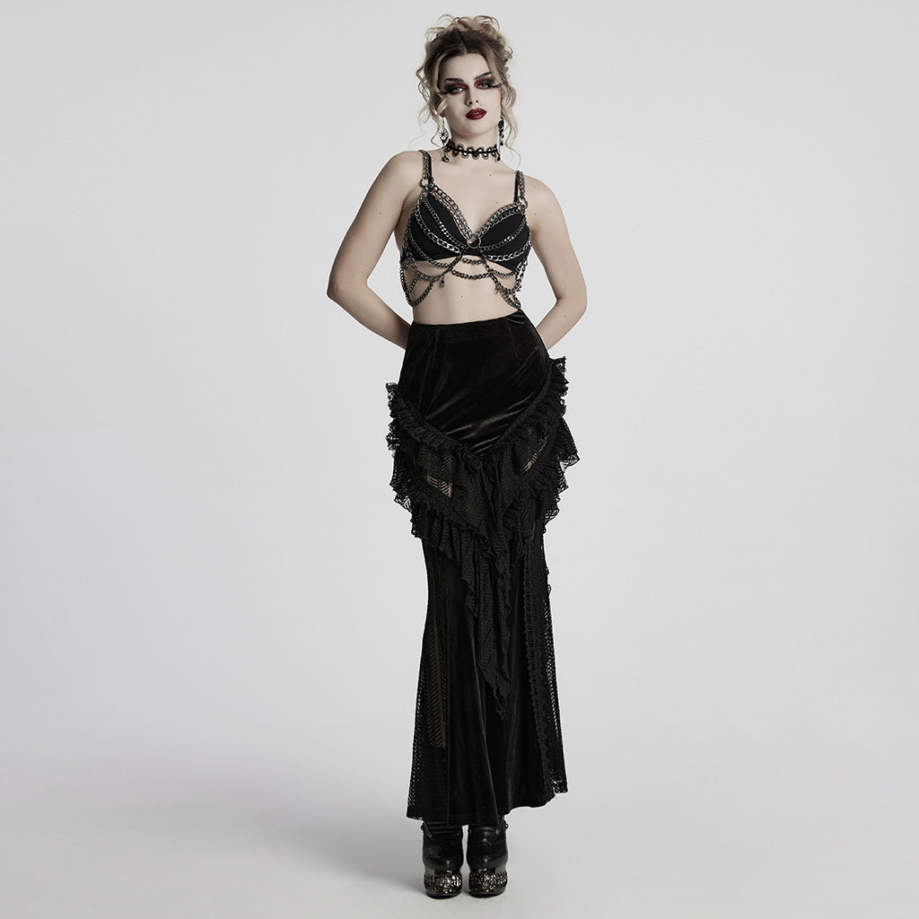 WQ-841BQF Velvet Gothic Skirt with Lace Ruffle Detail Floor Length