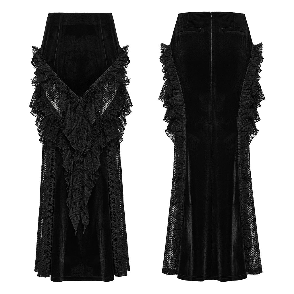 WQ-841BQF Velvet Gothic Skirt with Lace Ruffle Detail Floor Length