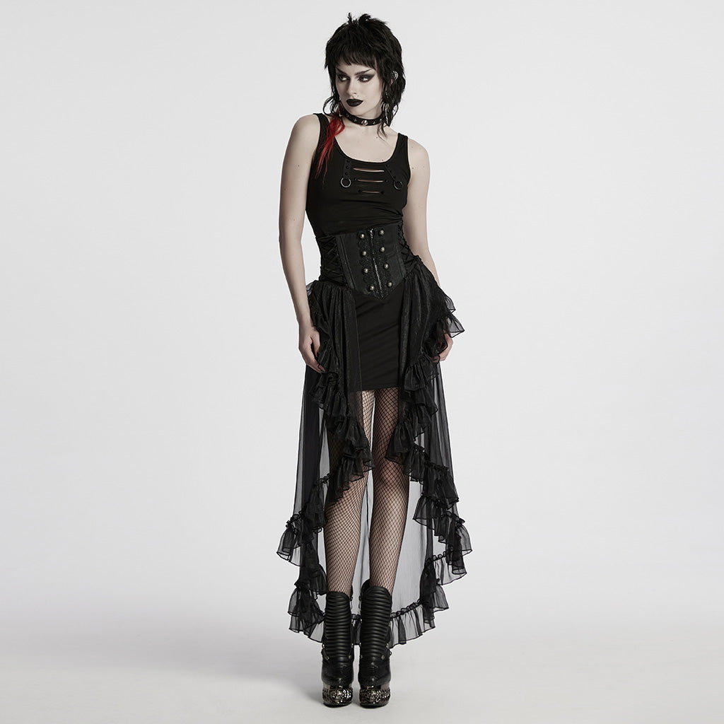 WQ-845BQF Gothic Skirt High Waist Steampunk Ruffled Mesh Maxi Design