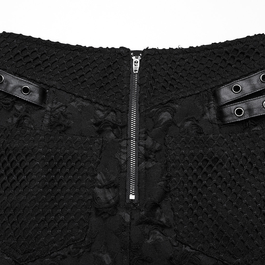 WQ-847BQF Edgy High-Slit Belted Punk Skirt with Mesh Panels