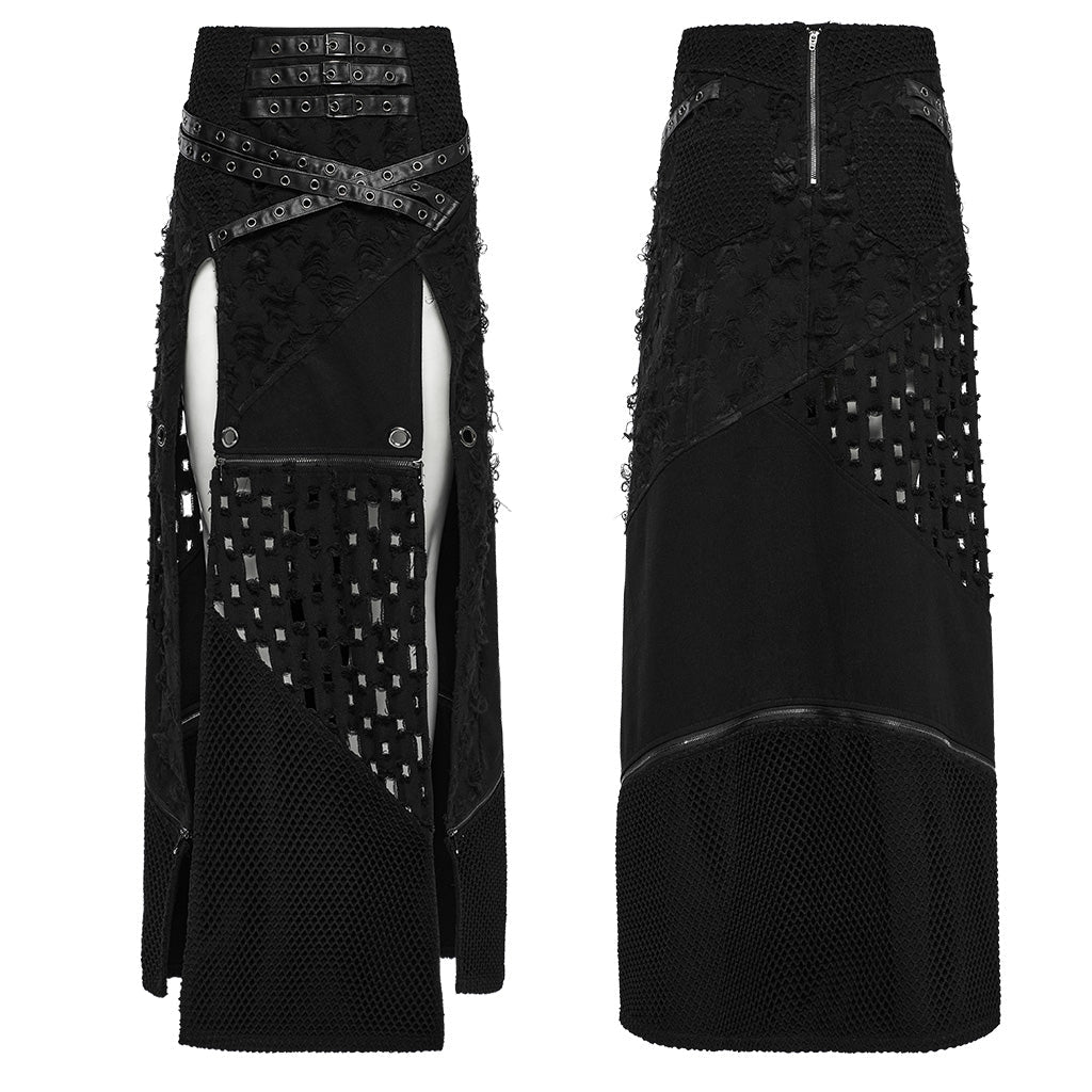 WQ-847BQF Edgy High-Slit Belted Punk Skirt with Mesh Panels