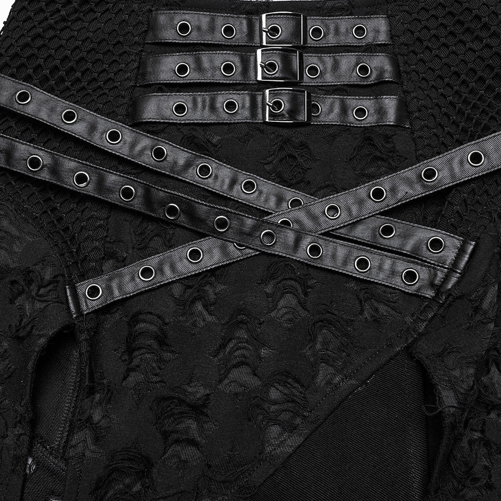 WQ-847BQF Edgy High-Slit Belted Punk Skirt with Mesh Panels