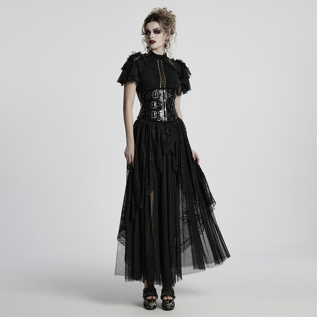 WQ-853LQF Gothic Dress Vintage Lace Ruffle Sleeves Long Black Gown