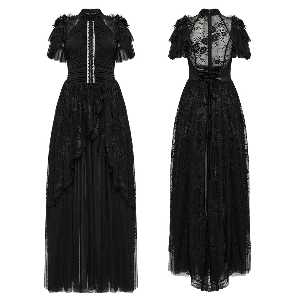 WQ-853LQF Gothic Dress Vintage Lace Ruffle Sleeves Long Black Gown