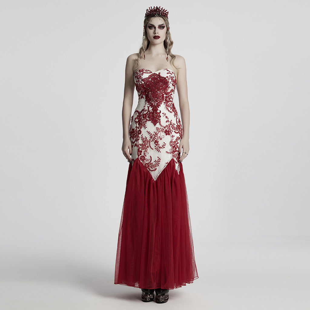 WQ-859DQF Gothic Dress Red Lace Strapless Evening Gown Long Elegant