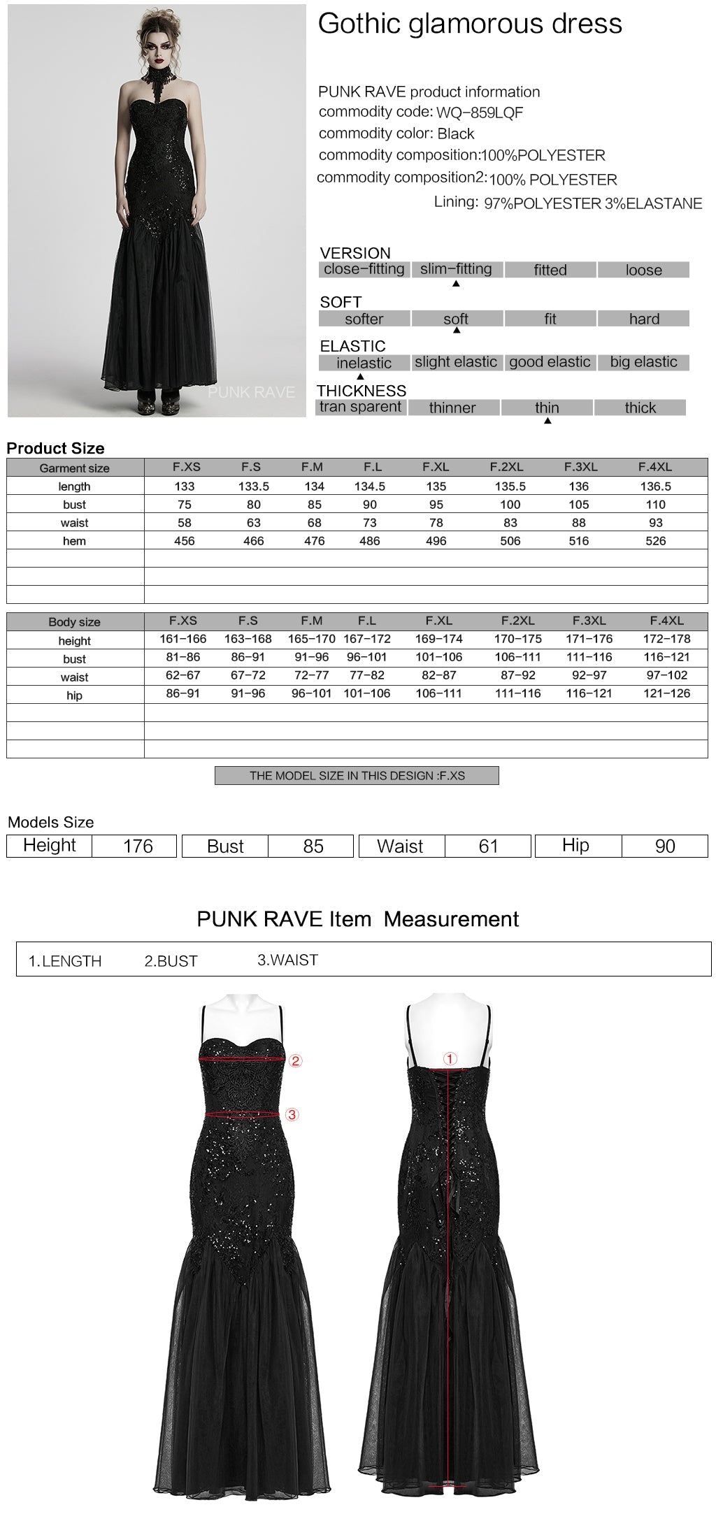 WQ-859LQF Elegant Black Lace Gothic Dress Strapless Floor-Length Gown