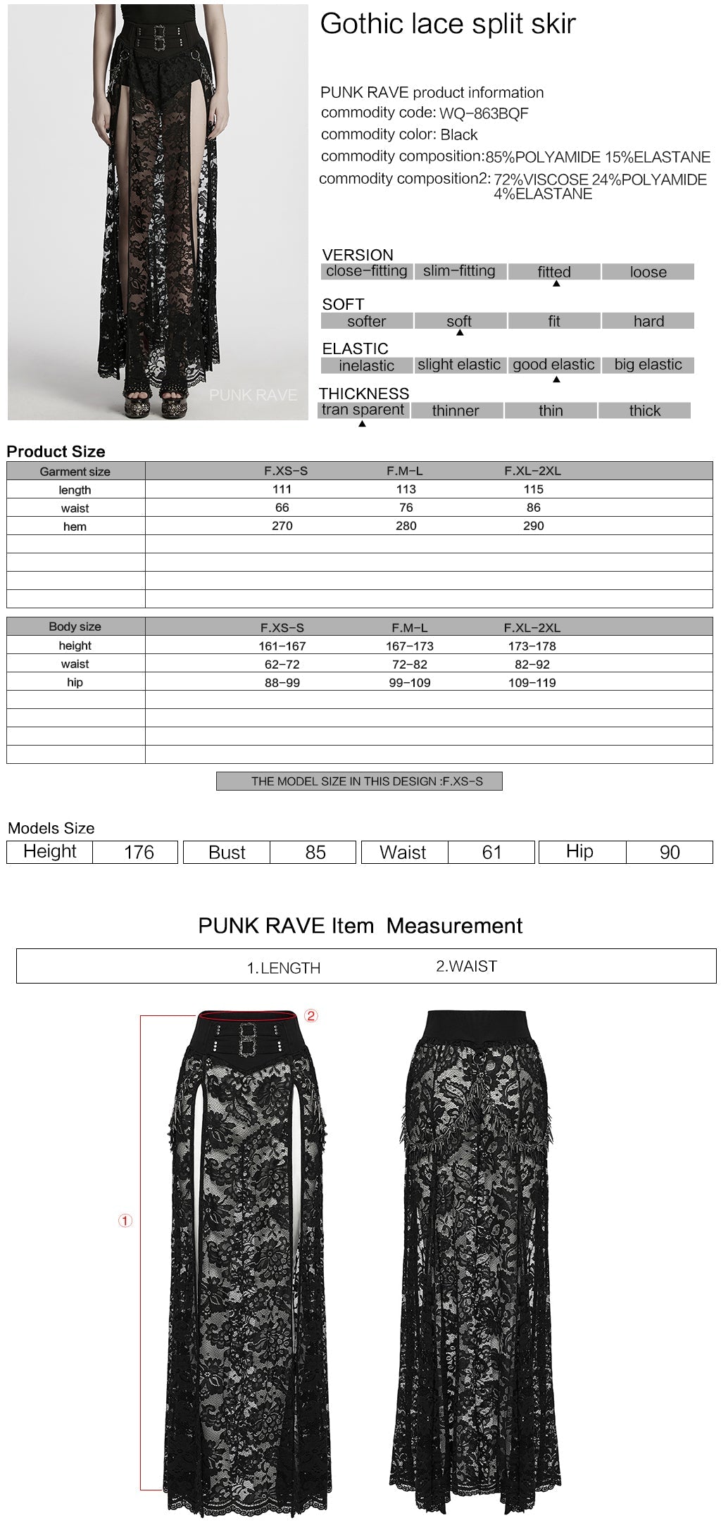 WQ-863BQF Gothic Skirt Lace Overlay Buckle Waist High Slit Design