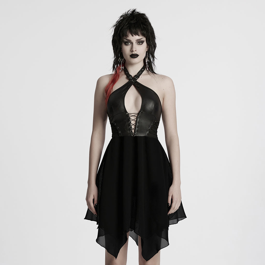 WQ-867LQF Gothic Punk Dresses Halter Neck Lace-Up Leather Dress