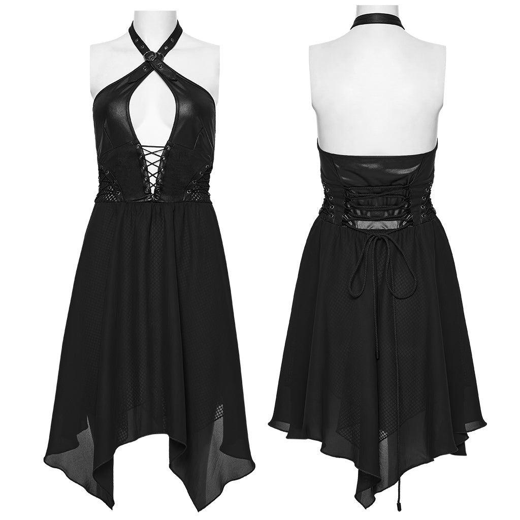 WQ-867LQF Gothic Punk Dresses Halter Neck Lace-Up Leather Dress