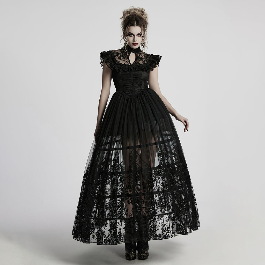 WQ-869LQF Gothic Dress Black Lace Corset High Collar Victorian Style Elegance