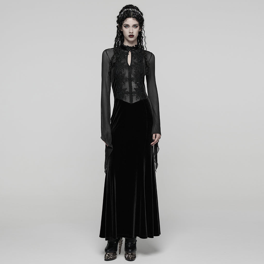 WQ-874LQF Velvet Gothic Dress with Sheer Sleeves and Lace Detailing
