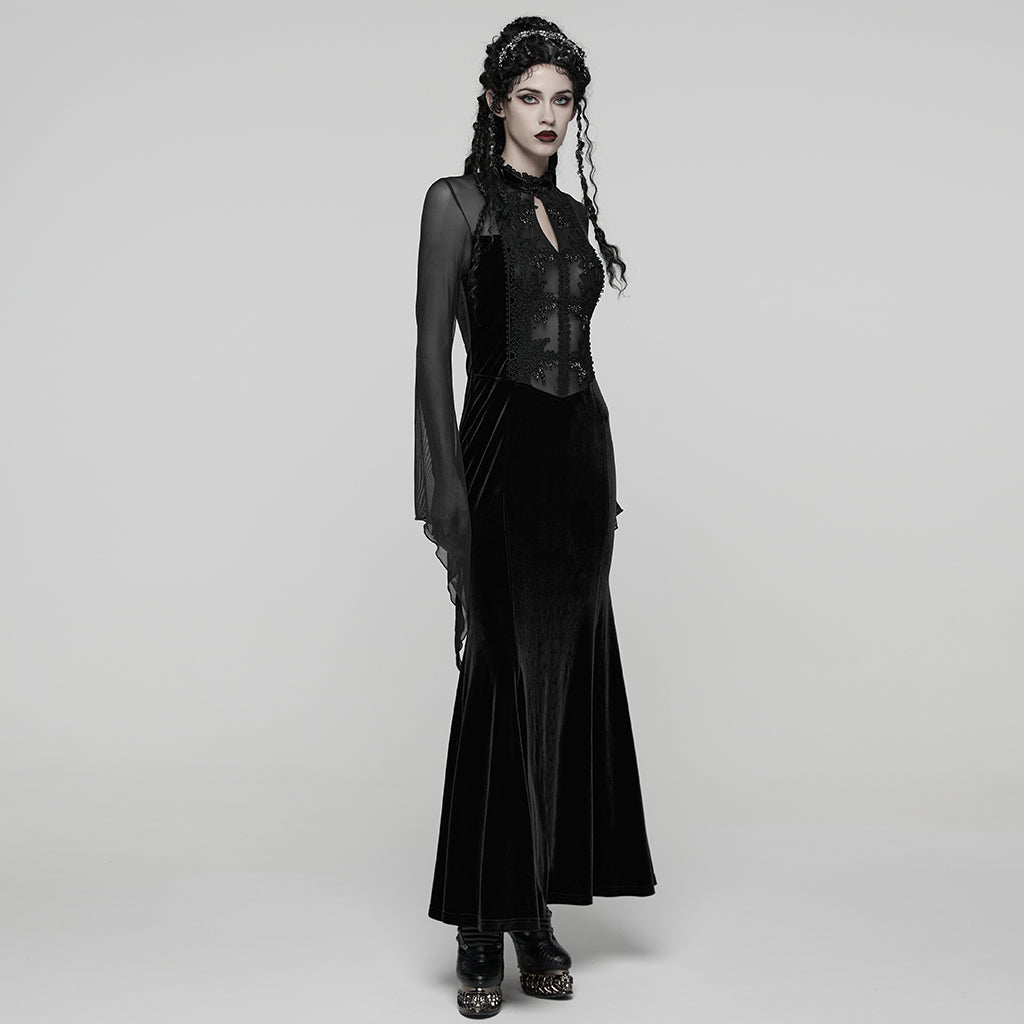 WQ-874LQF Velvet Gothic Dress with Sheer Sleeves and Lace Detailing