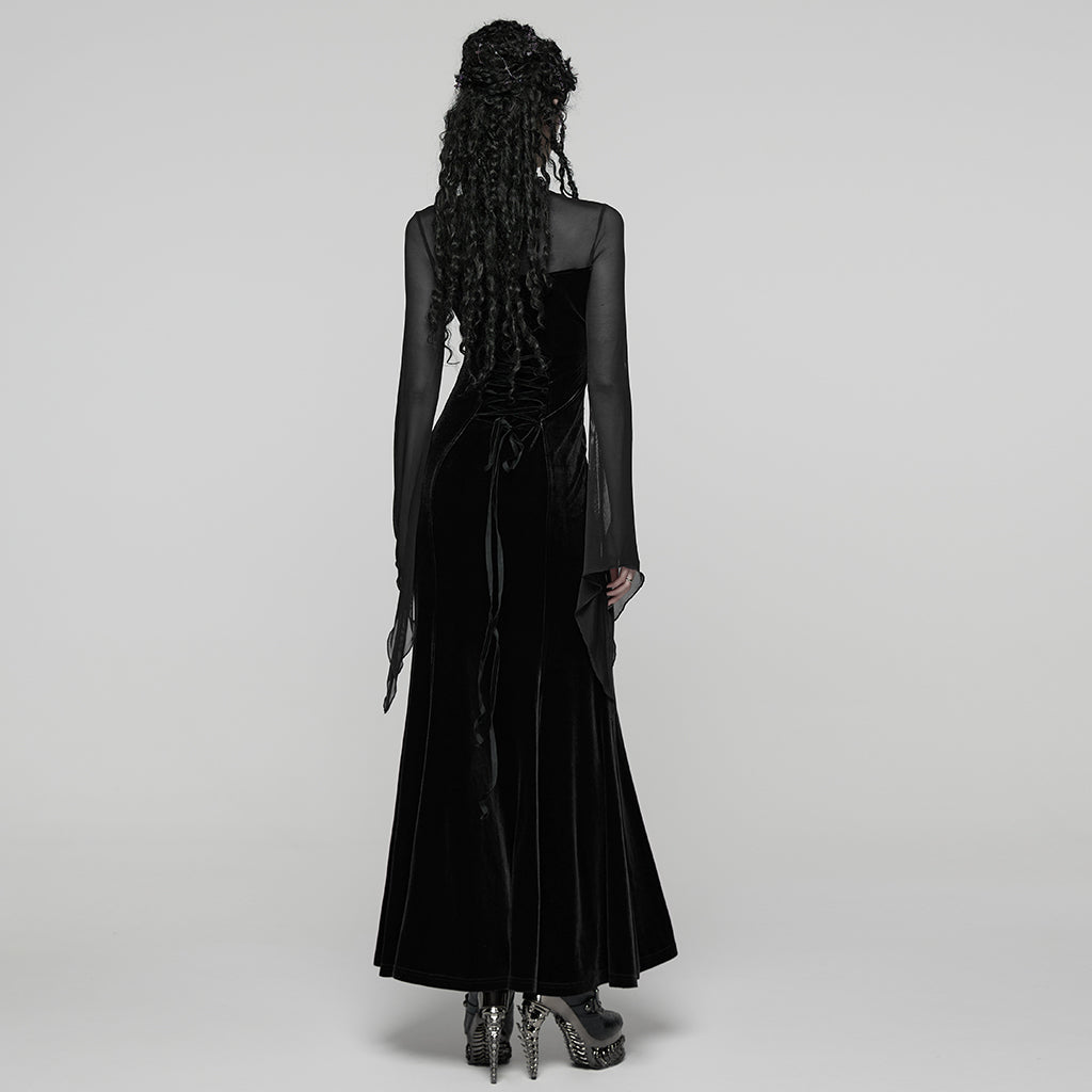 WQ-874LQF Velvet Gothic Dress with Sheer Sleeves and Lace Detailing
