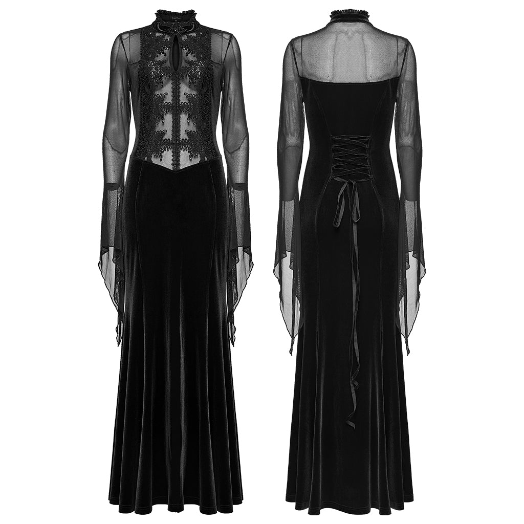 WQ-874LQF Velvet Gothic Dress with Sheer Sleeves and Lace Detailing