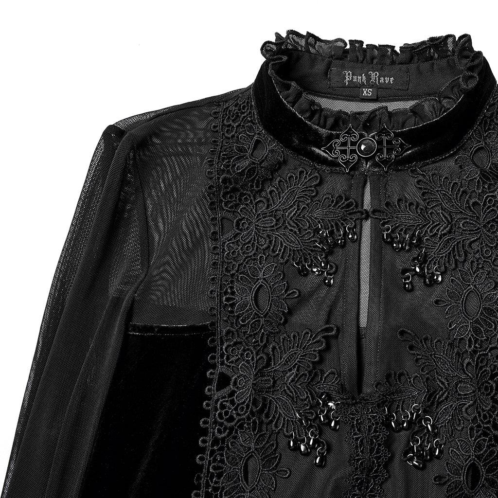 WQ-874LQF Velvet Gothic Dress with Sheer Sleeves and Lace Detailing