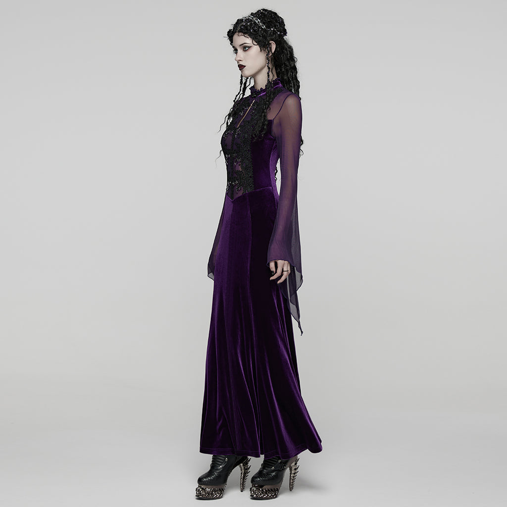 WQ-874LQF Velvet Gothic Dress with Sheer Sleeves and Lace Detailing