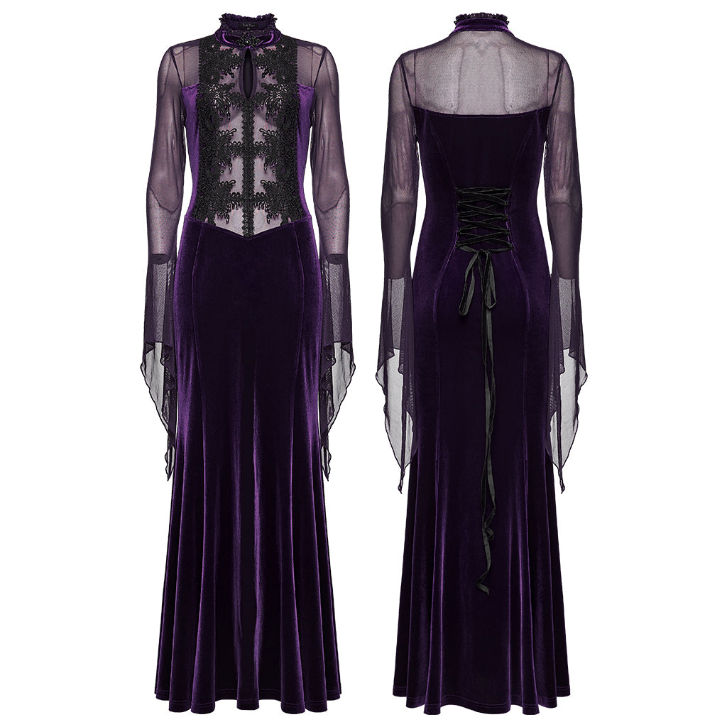 WQ-874LQF Velvet Gothic Dress with Sheer Sleeves and Lace Detailing