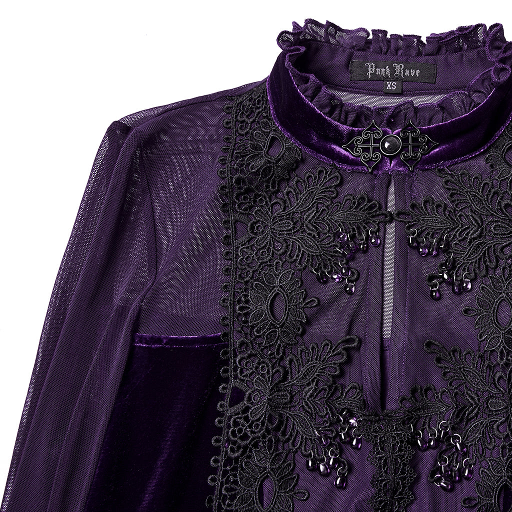 WQ-874LQF Velvet Gothic Dress with Sheer Sleeves and Lace Detailing