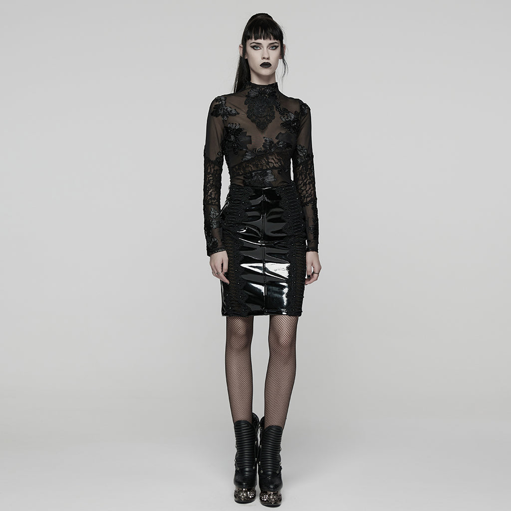 WQ-875BQF Gothic Skirt Patent Leather High-Waist Lace Detail Edgy Style