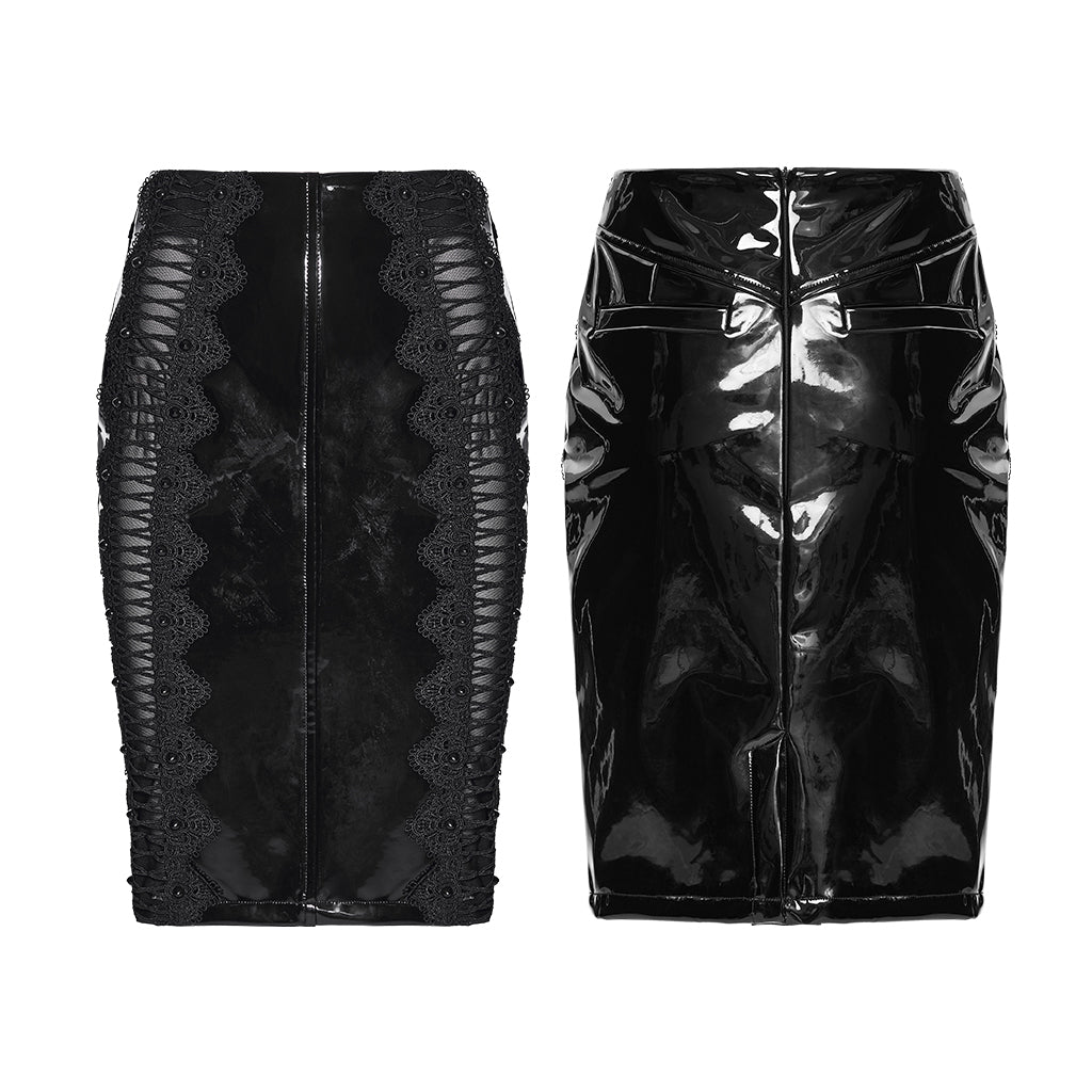 WQ-875BQF Gothic Skirt Patent Leather High-Waist Lace Detail Edgy Style