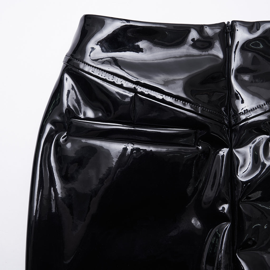 WQ-875BQF Gothic Skirt Patent Leather High-Waist Lace Detail Edgy Style