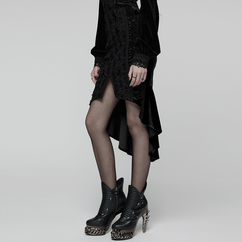 WQ-876BQF Gothic Skirt Lace-Up Velvet Rose Embroidery High-Low Hem