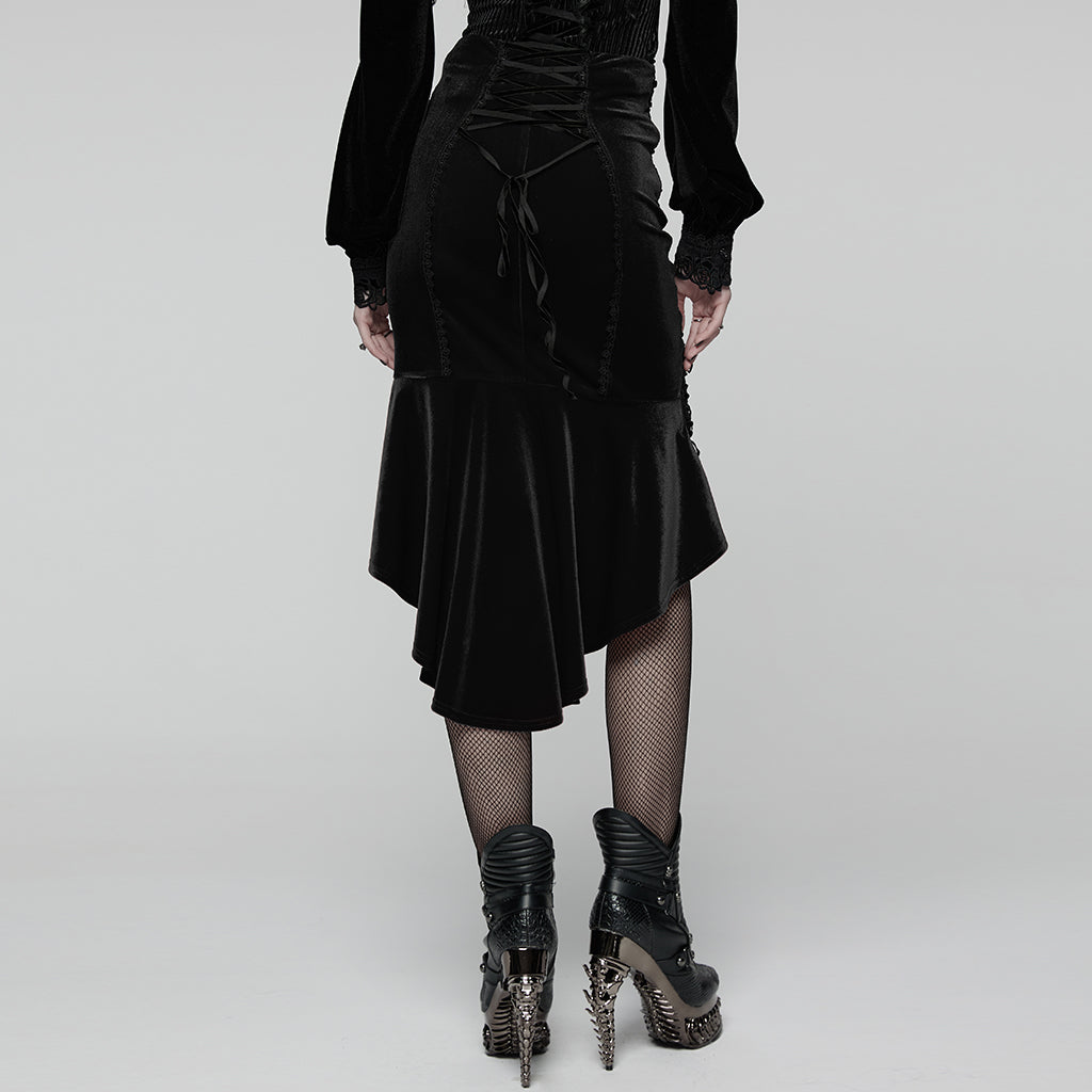 WQ-876BQF Gothic Skirt Lace-Up Velvet Rose Embroidery High-Low Hem